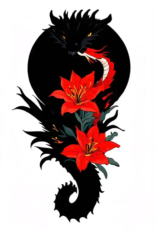 Western Dragon With Red Flowers And Lilies