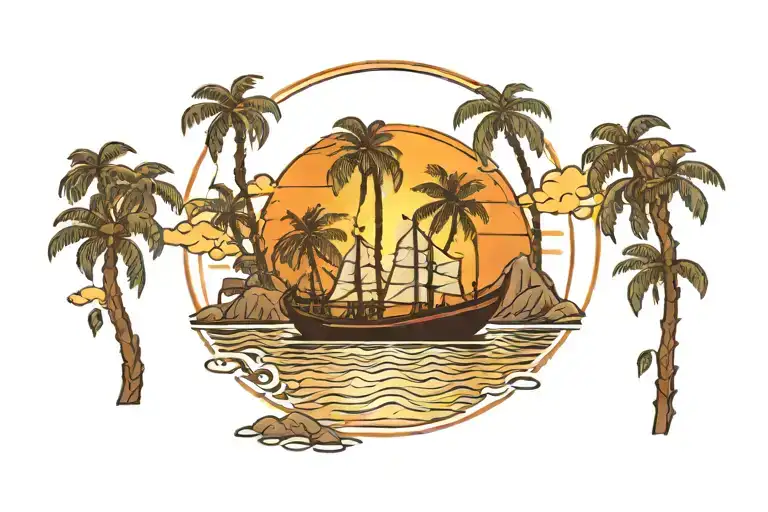Boat On Laguna With Palm Trees Under A Sun Setting