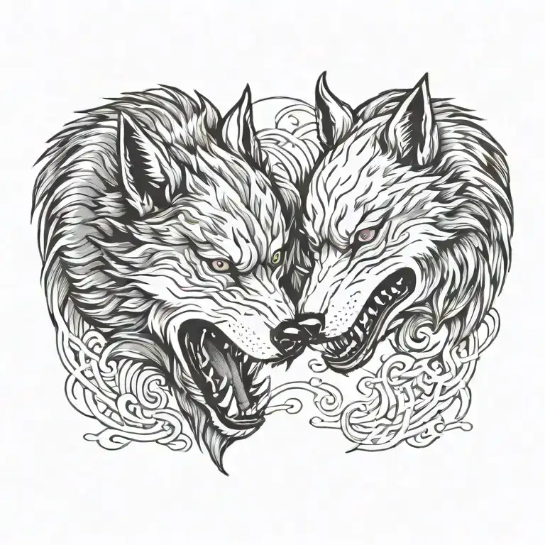 Side Profile Of Two Wolves Snarling At Eachother Face To Face