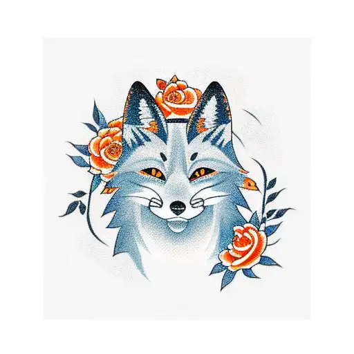 Japanese Traditional Orange Fox In A Fan With Rose Roses