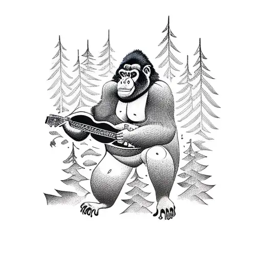 A Gorilla Playing A Guitar In A Forest Surrounded By Cavemen