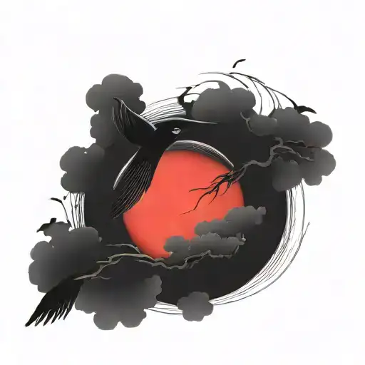 Japanese Red Sun Circle Simplistic With Birds