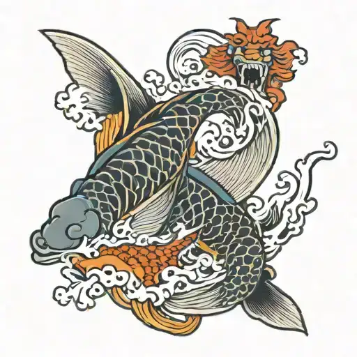 Oni And Koi Fish With Waves