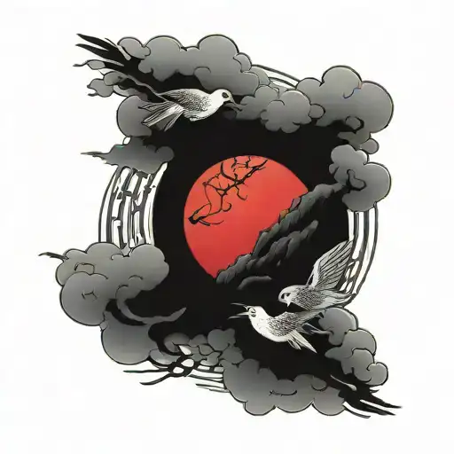 Japanese Red Sun Circle Simplistic With Birds