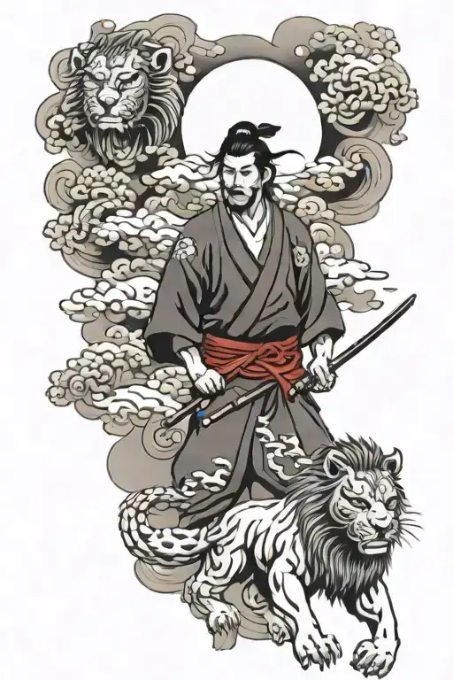 Clouds Surrounding Samurai Standing And Japanese Lion