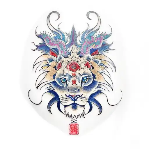 Colored Full Hand Tattoo With Dragon And Lion And Hot Womens Face With Black Lip Stick