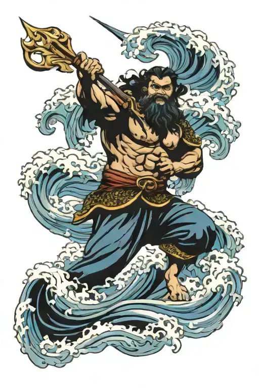 Poseidon Holding A Trident Riding Wave Crashing