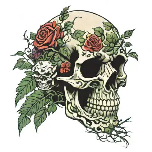 Red Roses And Green Weeds Growing Out A Skull
