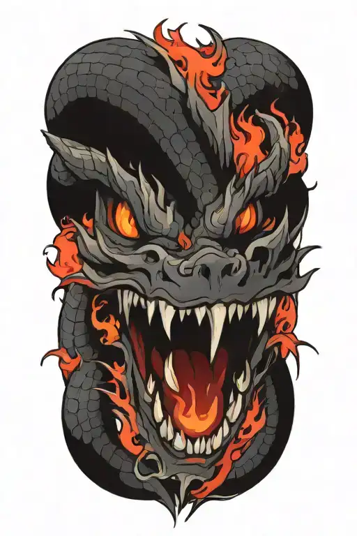 Dragon With Fangs And Red Eyes Surrounded And Flames Coming Out Of It With Fangs