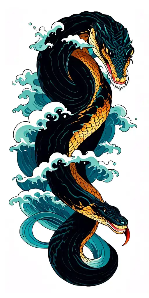 Snake And Waves Crashing With Clouds In Back Ground