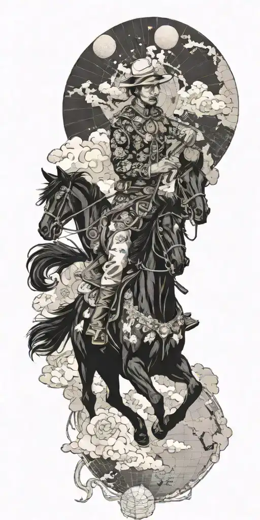 A Cowboy Riding A Black Horse And The World Map With The Continents
