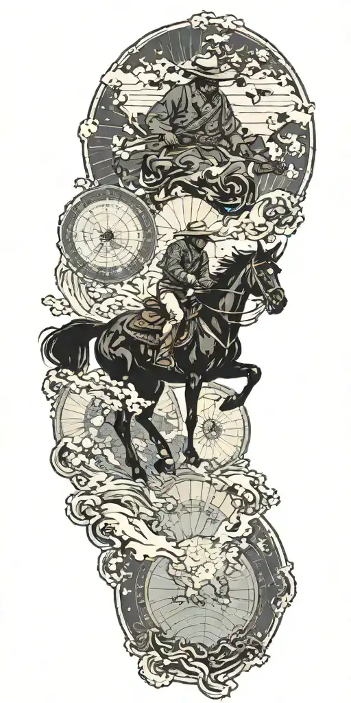 A Cowboy Riding A Black Horse And The World Map With The Continents