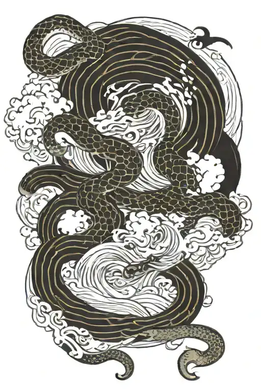 Fuu Dog And Snake Surrounded By Swirling Waves Crashing