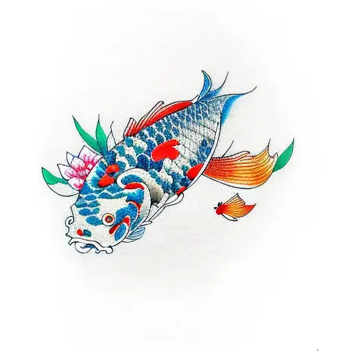 Koi Fish With Flowers Fine Lines