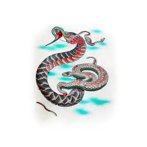 Full Sleeve Tattoo With A Crane And A Snake And Splashes Of Red