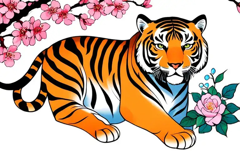 Cherry Blossom And Tiger And December Birth Flowers Blue