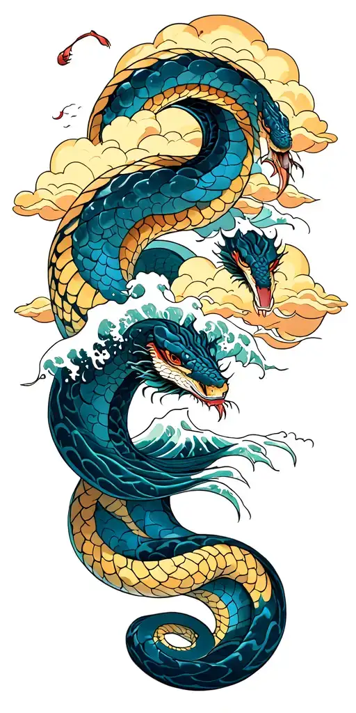 Snake And Waves Crashing With Clouds In Background