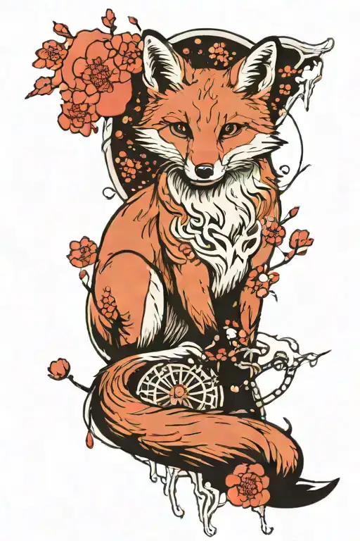 A Fox With Part Of Its Skeleton Visible Wrapped In A Red Thread Under The Moon And Sakura Petals