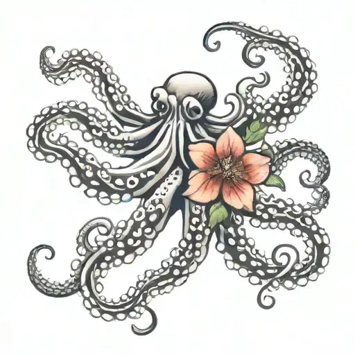 Octopus And Japanese Flowers