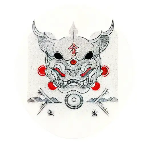 A Japanese Hanya Mask With Red Circle In The Background