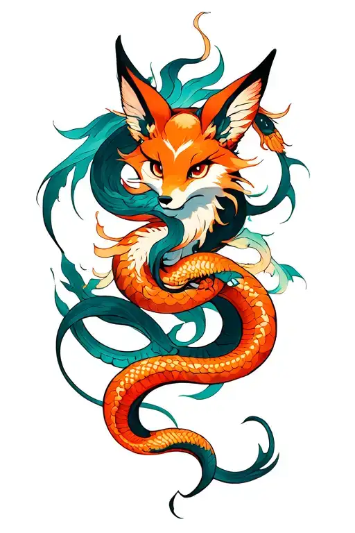 Nine Tailed Fox Entwined With A Cobra