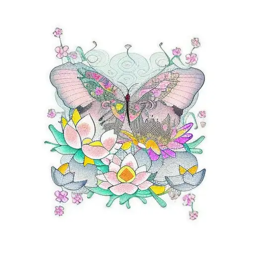 Butterflies Surrounded By Flowers Including A Lotus Flower