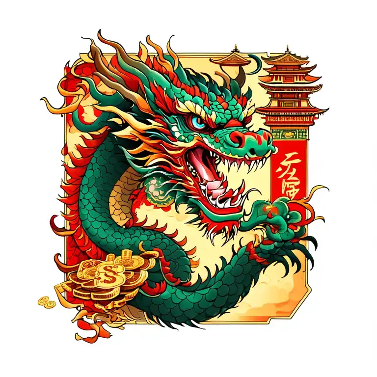 Chinese Dragon With Geicha And An Oni Of Money And A Temple