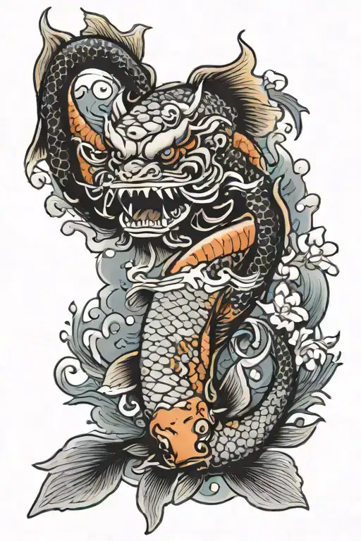 Koi Fish And Oni Mask Surrounded