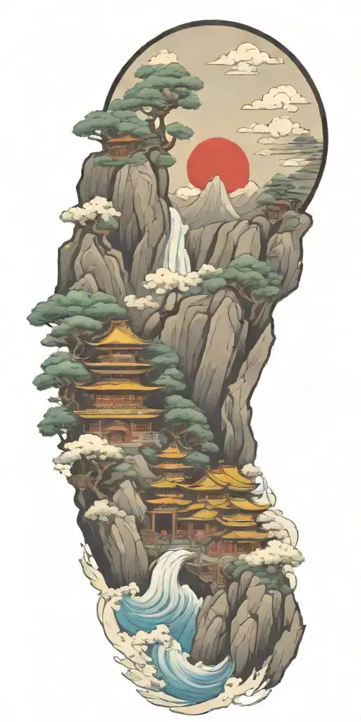 Spiritual Buddhist Inspired Tattoo Featuring A Traditional Scenary And Nature