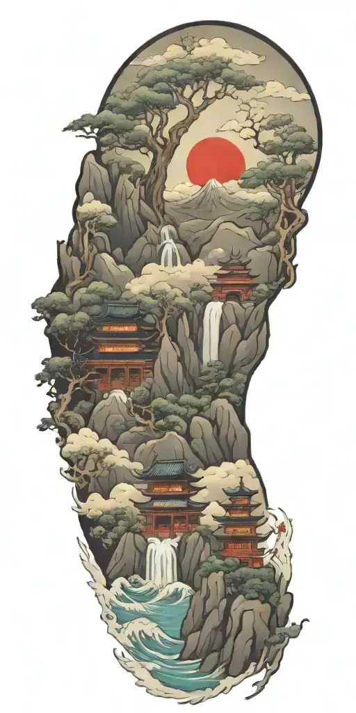 Spiritual Buddhist Inspired Tattoo Featuring A Traditional Scenary And Nature