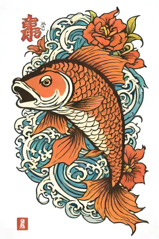 Carp And Waves And Lettering