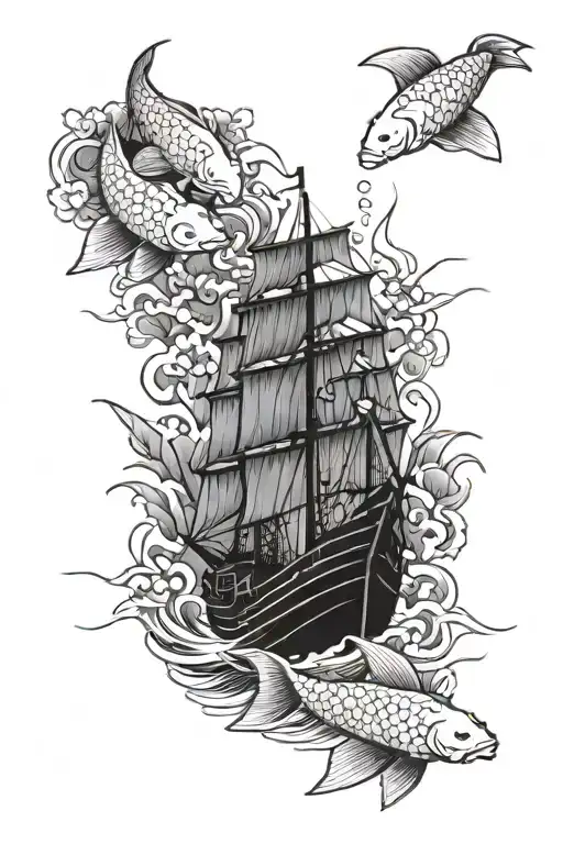 Ship With 4 Koi Fish Swimming