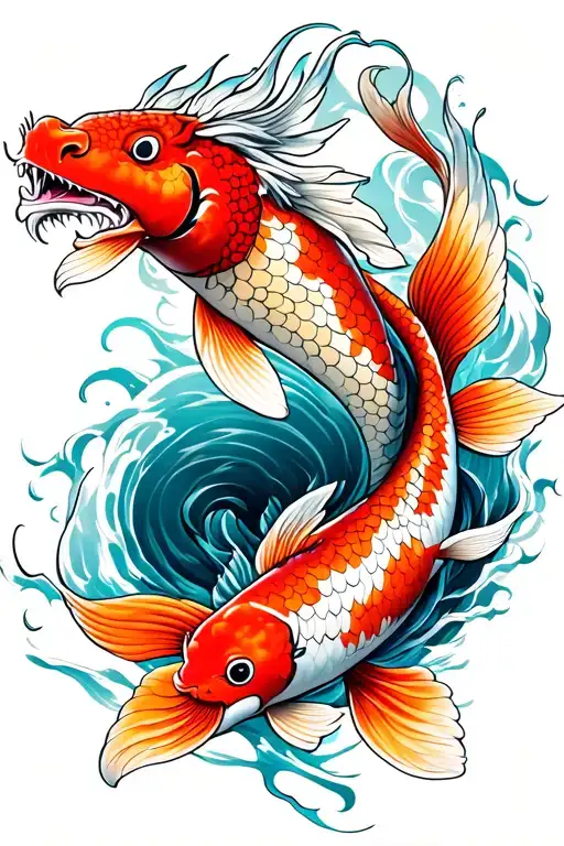 Koi Fish Swimming Upstream With Dragon Flying