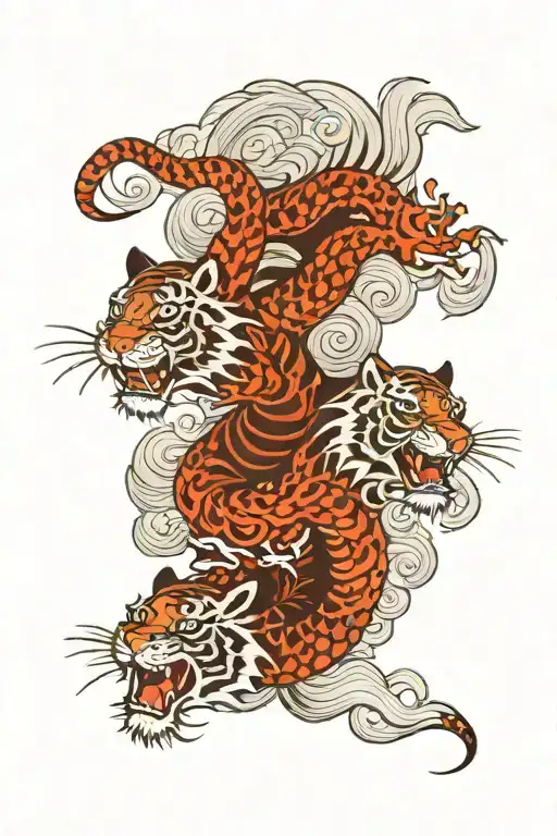 Flying Dragon And Tiger Head In Japan Style