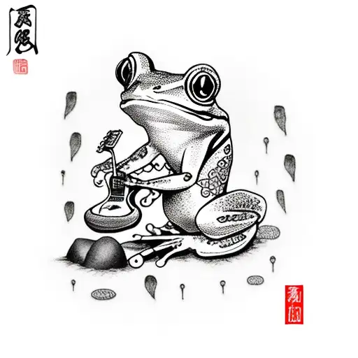 Frog Sitting On A Rock With A Guitar Behind And A Poppy