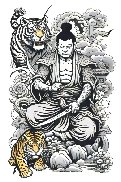 Budha And Samurai In A Temple With Sword And Tiger