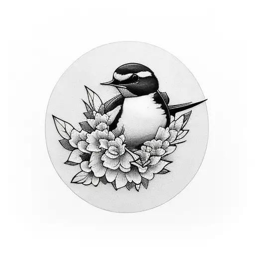 Swallow Bird With Flower Black And White With Plain Back Ground Simple Bold Flash Outline