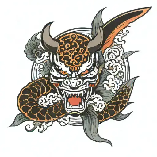 Katana With Oni Demon Mask And Koi Fish
