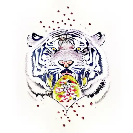 Tiger Having A Battle With A Giant Pitviper Under A Cherry Blossom Tree