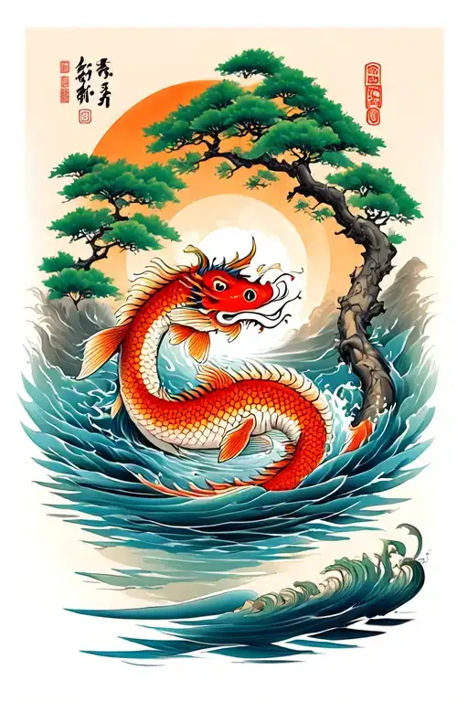 Carp Swiming In A River Turning Jn A Dragon In The End But The River Looks Like A Bonsai Tree