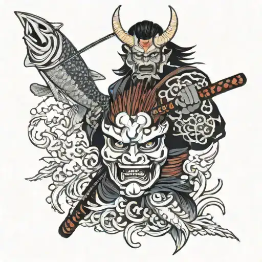 Katana With Oni Demon Mask With Koi Fish
