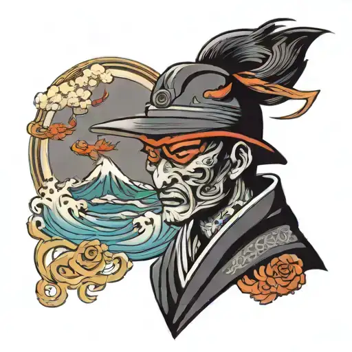 Samurai With Kitsune Fox Mask Straw Hat A Heron And Waves