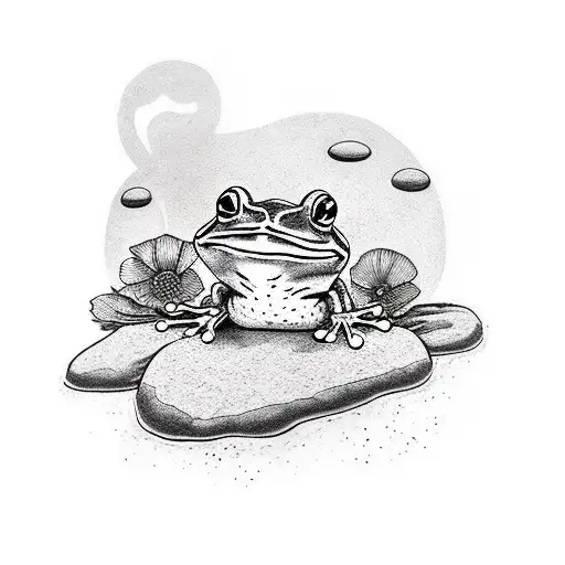 Frog Sitting On A Rock With A Guitar Behind And A Poppy