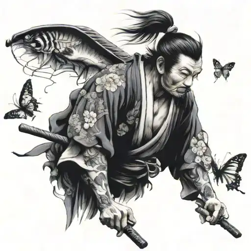 Japanese Samurai In A Constant Struggle With Himself And Butterflies