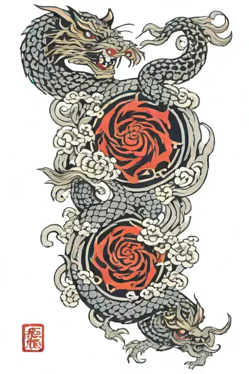 Flying Dragon And Tiger Head In Japan Style