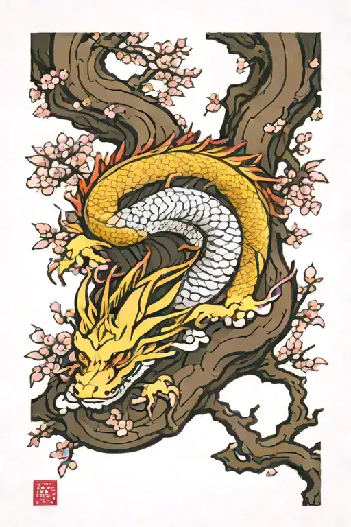 Sleeping Dragon Under Sakura Tree Trunk