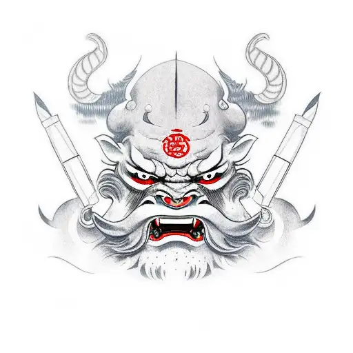Oni Mask With Katana Background Japan Leaves
