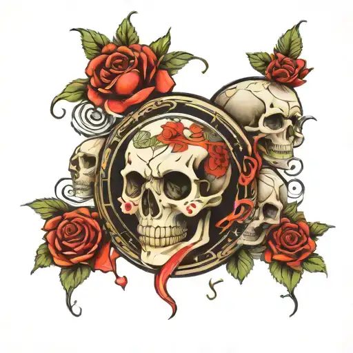 3 Clocks Skull Roses Intertwined Tattoo