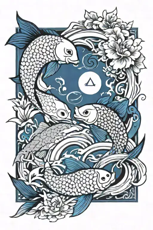 Yin Yang Fish And Birds With Random Blue Square
