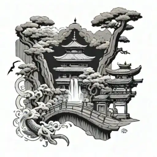 Samurai And Japanese Temple And Waterfall And Koi Fish And Japanese Woodworking And Damascus Steel